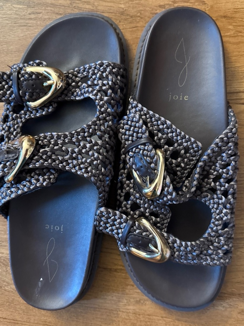 Joie Braided Slide Sandals in Brown/Taupe with Gold Buckles
